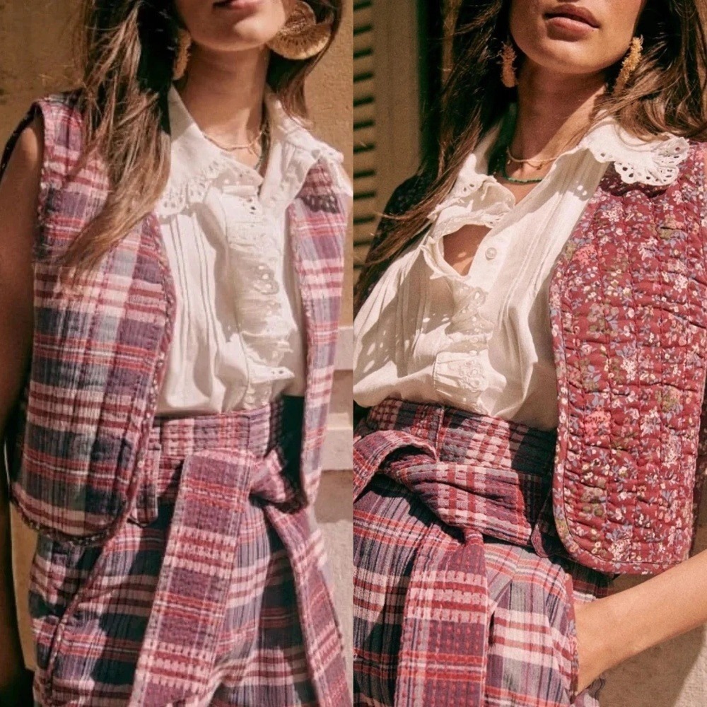 Sezane Blair Quilted Vest XS Reversible Plaid Floral Jacket
